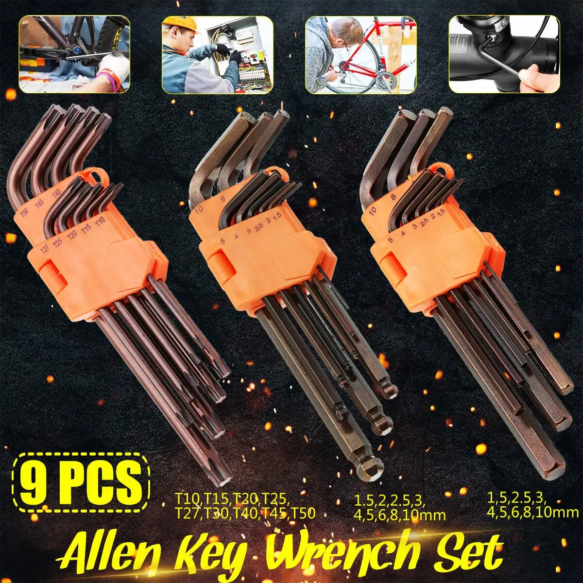 

9Pcs Hex Key Allen Tools Wrench Set Extra-long Arm AllenTorque Sae Memtric Torx Spanner