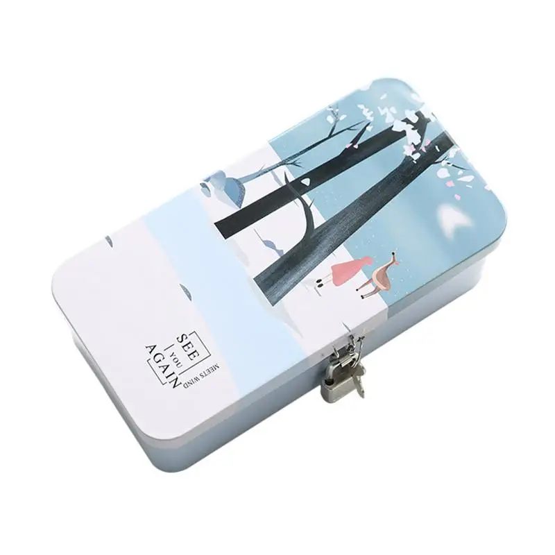 

Double-compartment Pencil Storage Case With Lock Fresh Desktop Stationery Cosmetics Pen Bag Innovative Tinplate Box