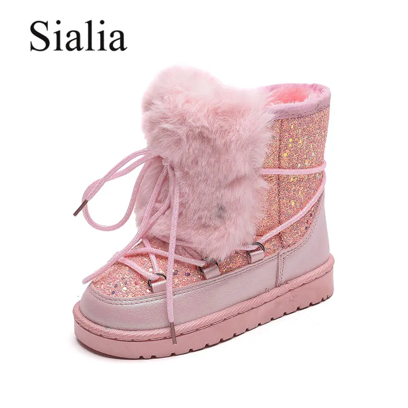 

Sialia Winter Children Boots For Girls Snow Shoes Kids Boots Boys Boots Bling Ankle Lace-up Round Toe Plush Warm Fashion 2018