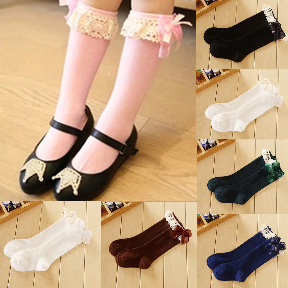

2019 Newest Kids Children Girls Knee Sweet High School Socks Lace Bow Princess Socks 6 Style Solid Lace Bow Soft Warm Socks