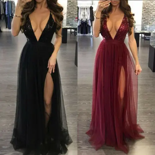 

2019 Women's BOHO Long Maxi V Neck Evening Party Bandage Club Wear Blackless Dress