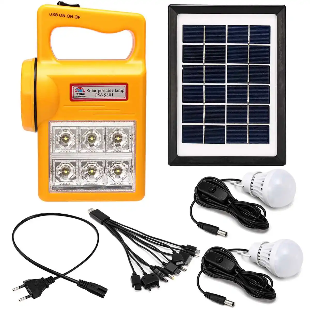 

Portable Solar Lamps Panel Generator Kit Solar Powered System LED Light USB Cables Bulbs Home Camping Outdoor Lighting Yellow