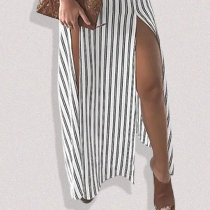 V образным вырезом Sexy Striped Open летнее платье длинные женские слинг Высокое Платье с