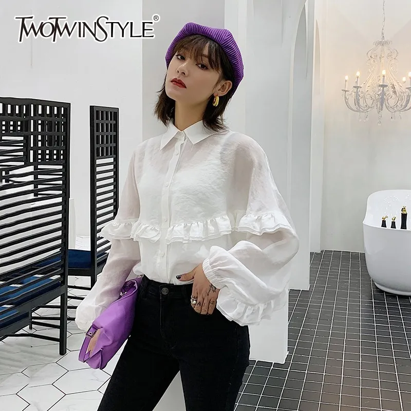 Женская блузка с оборками TWOTWINSTYLE Весенняя отложным воротником и длинными