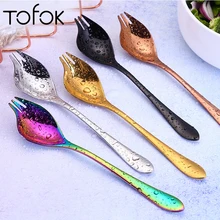 Tofok Multi-Functional Salad OK Fork Spoon Stainless Steel Coffee Stir Spoon Noodles Dessert Serving Bar Tool Kitchen Tableware 2pcs double metal stir spoon for coffee salad dinner