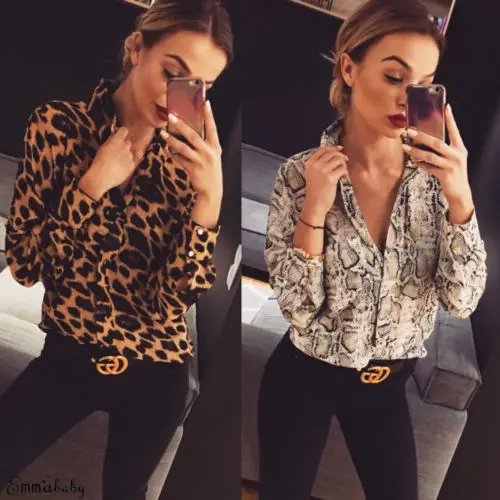 

Women Summer Leopard Print Long Sleeve Button Turn Down Neck Shirt Casual Blouse Tops