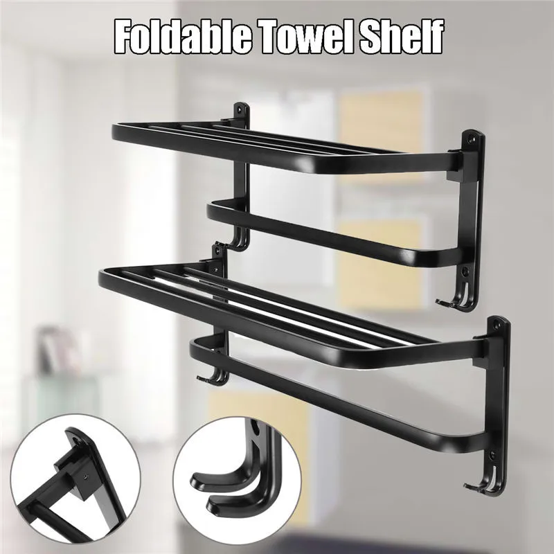 Kaufen Xueqin 490 590mm Schwarz Alumimum Faltbare Handtuch Halter Handtuch Regal Wand Montiert Bad Handtuch Rack Lagerung Aufhänger Regal