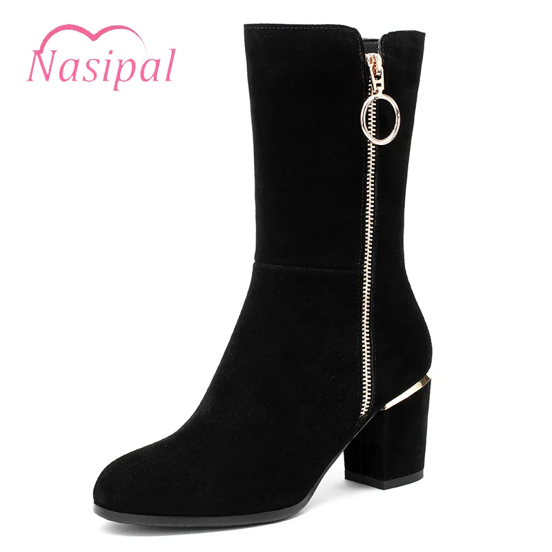 

Nasipal Zipper Chaussures Femme Ladies Chunky High Heels Shoes Woman Hoof Heels Zapatos Mujer Sapato Autumn Winter Mid Calf Boot