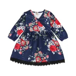 Одежда для малышей Детская одежда для девочек цветочный принт в стиле бохо с длинным рукавом платье принцессы кружевные платья сарафан