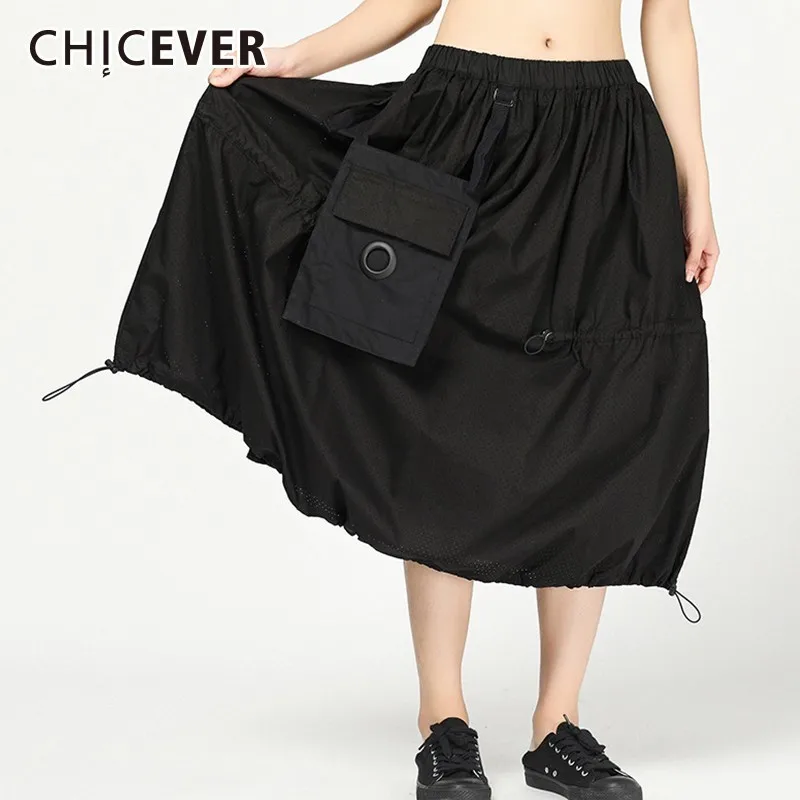 CHICEVER Autumn Women's Skirt Elastic High Waist Hem Drawstring Casual