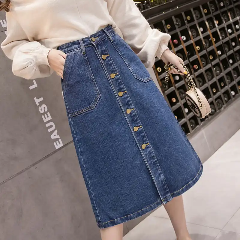 midi length jean skirts