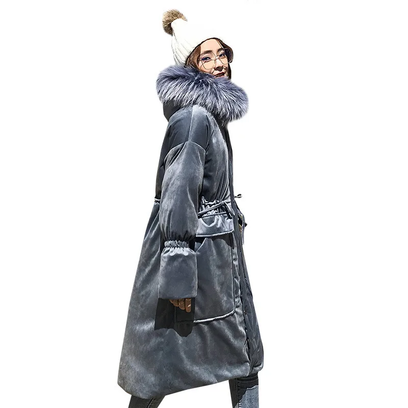 

Big Hair Collar Velvet Long Cotton Padded Coat Female 2019 Ukraine Down Cotton Parka Winter Jacket Women Bread Clothes A614
