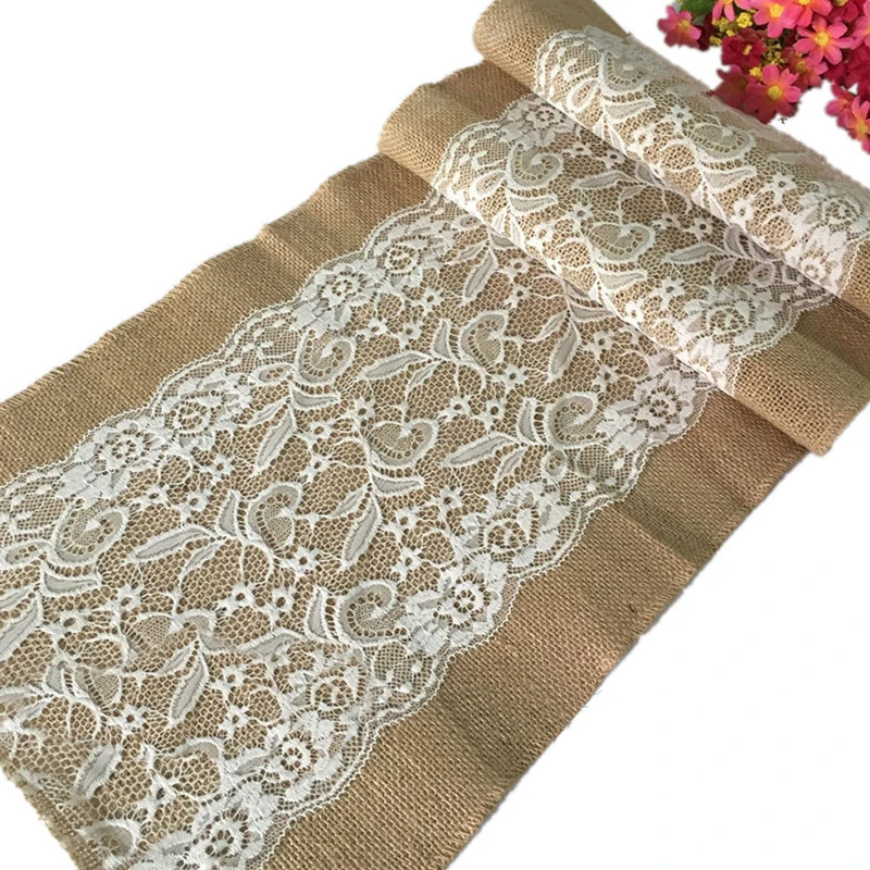 

Rustic Burlap Lace Hessian Table Runner Waterproof Oilproof Rectangular Wedding Banquet Dining Party Home Table Cover Decor