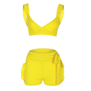 

Women Summer Bodycon Sexy Ruffle Crop Top Shorts 2 Pieces Set Romper Solid Color Jumpsuit Outfit