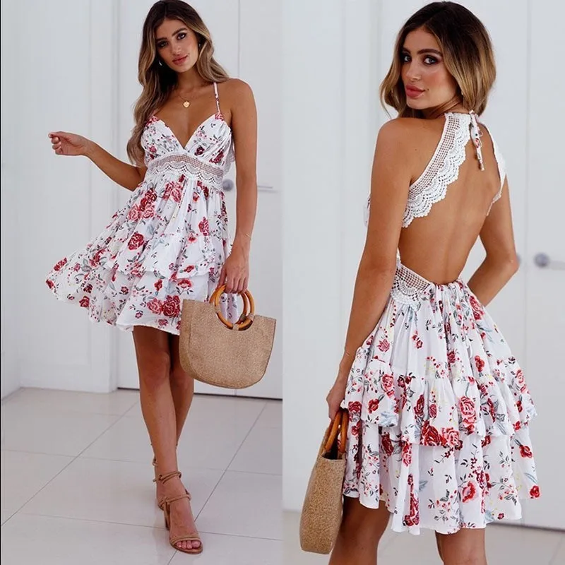 

Sexy Open Back Beach Lace Hollow Crochet Cover Up Dress V Neck Bikini Print Swimsuit 2019 New Women Bathing Suit Beach Wear
