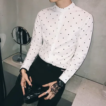 

New Long Sleeve Vintage Print Shirt Men Men Shirt All Match Polk Dot Streetwear Mens Casual Shirt Slim Fit Tuxedo 2019 Spring