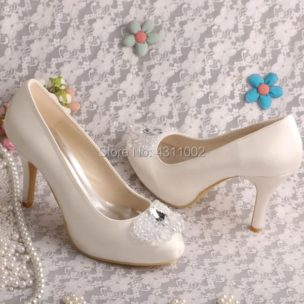 Custom Color and Size High Heel Shoes 10cm Off white Satin Wedding Bridal Platform