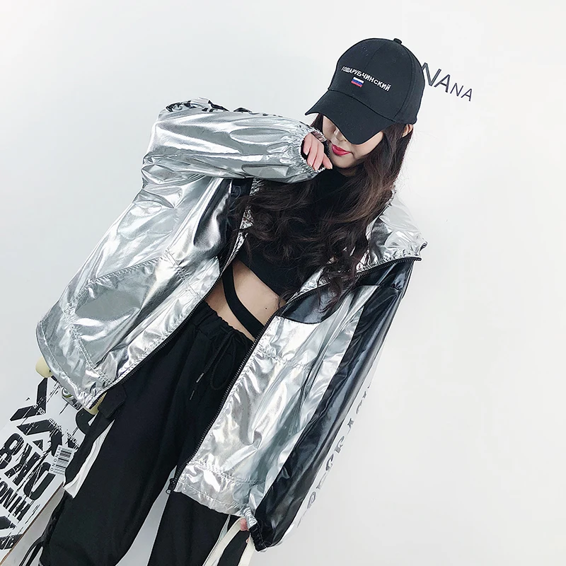 #3173 Hip Hop Jacket Windbreaker Silver Spliced Color Hooded Bomber Coat Women Bat Sleeved Letter Printed Plus Size Jacket Loose
