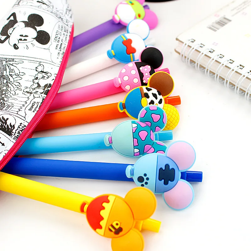 

10PCS At Random Gel Pen Kawaii Mickey Minnie Gel Pen 0.5mm Black Ink Candy Color Pens Kid Gift School Supplies Material Escolar