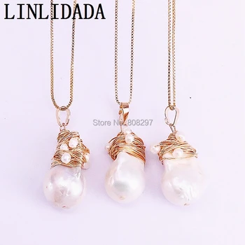 

5Pcs Gold Wire Wrap Natural Freshwater Pearls Pendant Necklace, Elegant FASHION Jewelry Women Necklace