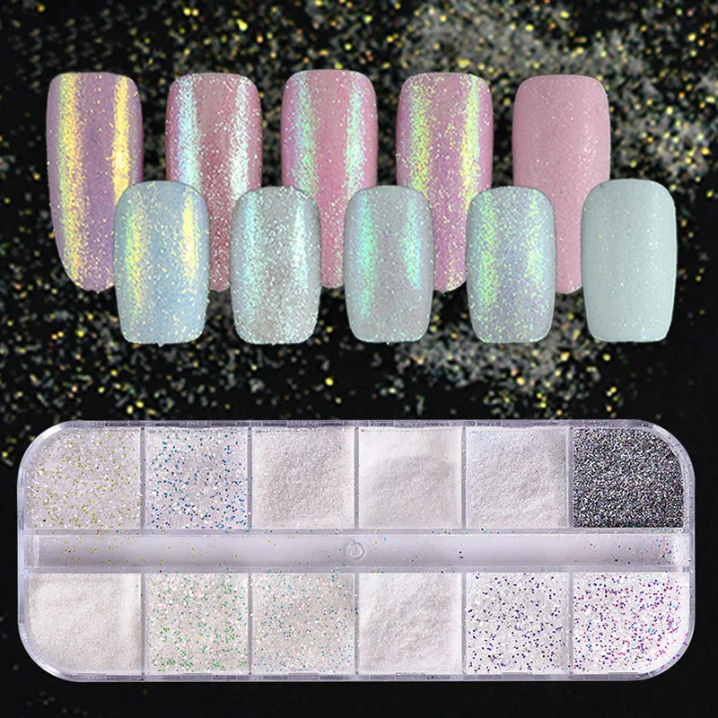 

12 Type Aurora Effect Powder NAIL ART GLITTER AB Mermaid Diamond Mix DT-H