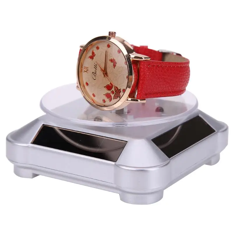 

Lamp Power Supplied Solar Showcase 360 Turntable Rotating Jewelry Watch Stand Box Fashion Holder Rack for Watch Ring Display