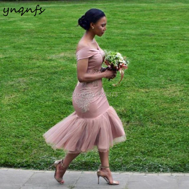Cheap YNQNFS B22 Off Shoulder Mermaid Tea Length Robe Pink 2019 Bridesmaid Dresses Party Guest Wear Cheap YNQNFS B22 Off Shoulder Mermaid Tea Length Robe Pink 2019 Bridesmaid Dresses Party Guest Wear