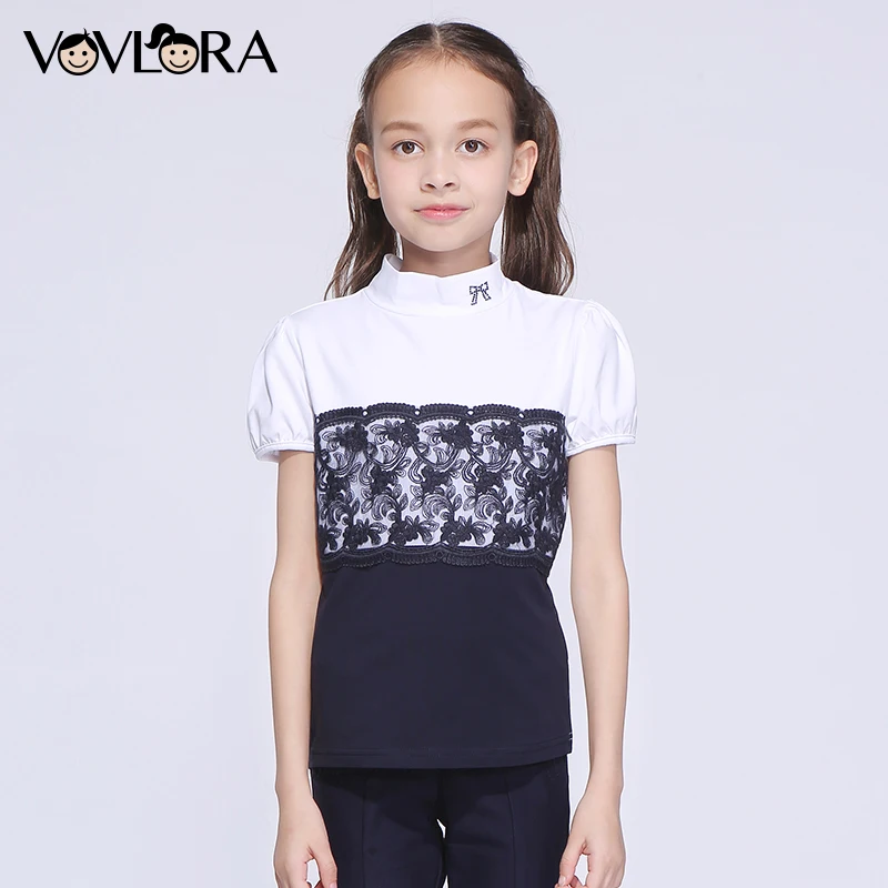 

T shirt Kids Cotton Patchwork Lace Girls T shirts Tops Turtleneck Knitted Summer School Clothes 2018 Size 9 10 11 12 13 14 Years