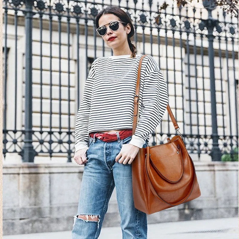 

Casual Large Capacity Women Tote Shoulder Bag Pu Leather Ladies Bucket Handbag Messenger Bag Soft Shopping Crossbody Bag Brown