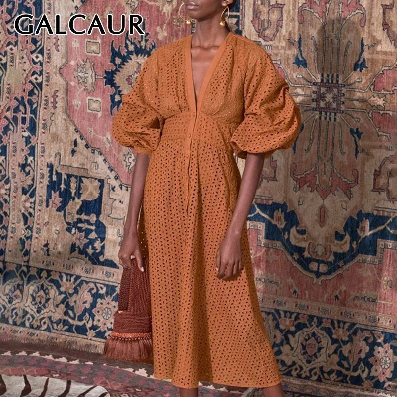 

GALCAUR Summer Vintage Solid Women Dress V Neck Short Sleeve High Waist Hollow Out Button Midi Dresses Female Fashion 2019
