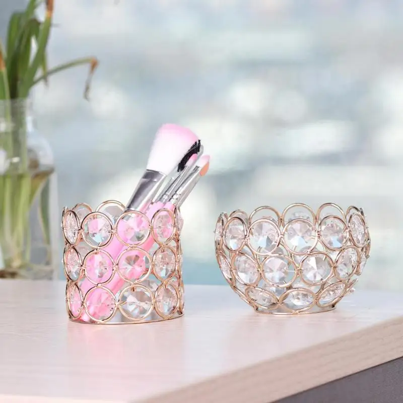 

2 Styles Luxury Hollow Makeup Brushes Holder Container Metal Crystal Cosmetic Brushes Holder Makeup Storage Basket
