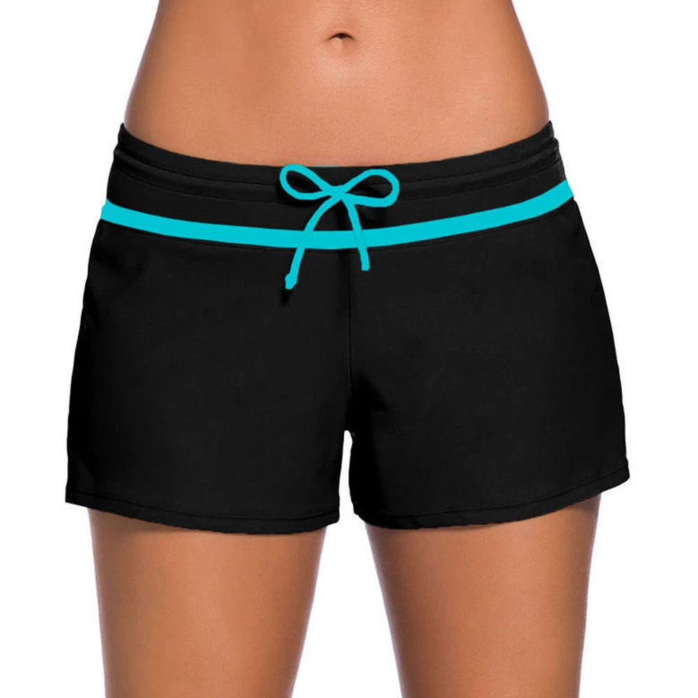 Womens Full Coverage Swim Shorts Solid Color Drawstring Swimwear Stretchy Bottom Swimming