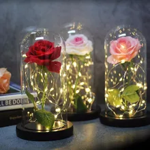 8 цветов Красота и чудовище красная роза в стеклянном куполе на деревянной основе для подарков Святого Валентина светодиодный лампы с розами Рождество