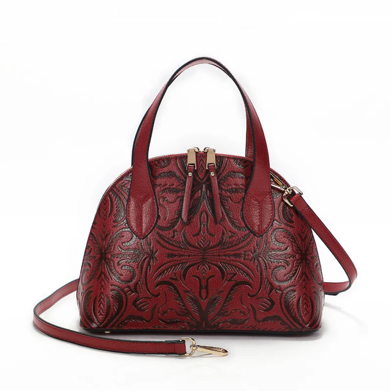 

Split Leather Embossing Bag For Women Luxury Fashion Shoulder Bag Shell Shape Female Vintage Handbag Black Red Office Lady Bags