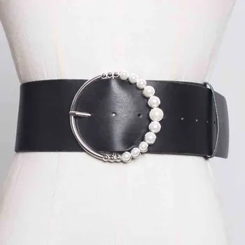 

SeeBeautiful New Fashion 2020 Summer Autumn Pearl Round Pin Buckle Girdle High Quality PU Leather Wide Belts Women U056