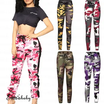 

Fashion Women Slim Camo Cargo Trousers Long Pants Military Army Elastic Waist Camouflage Streetwear Cool Girls All-Match Pants