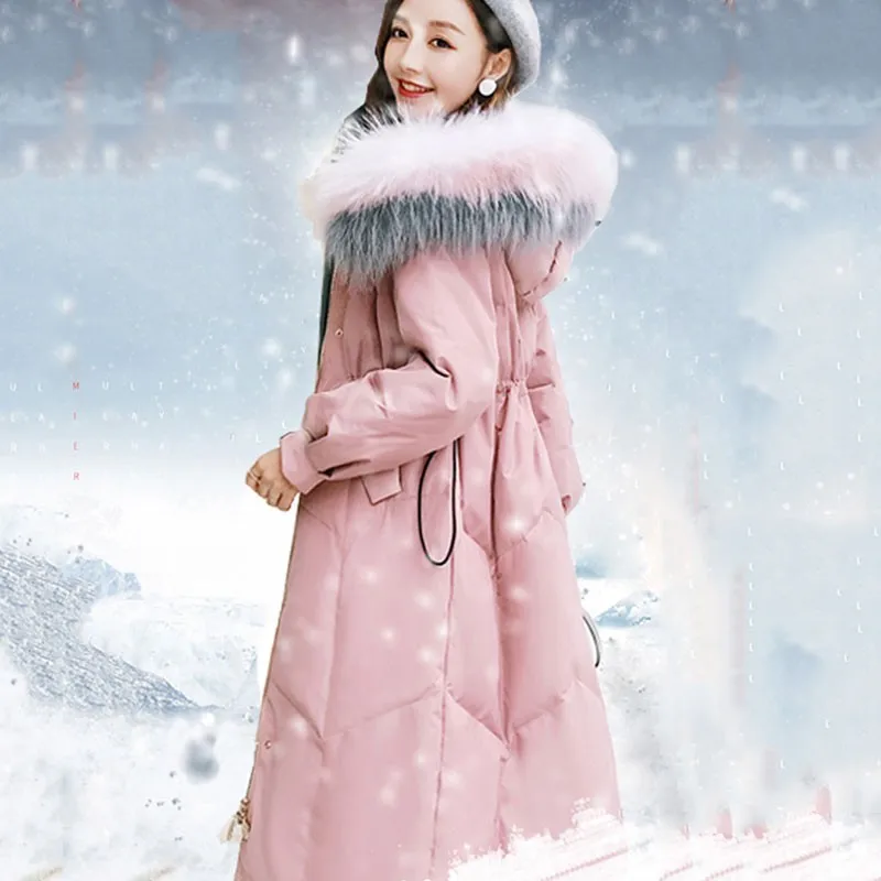 Winter Pink Real Fur Collar Hooded Long Down Jacket Female 2019 New Light And Thin Slim Fit White Duck Feather Coat Women HJ164