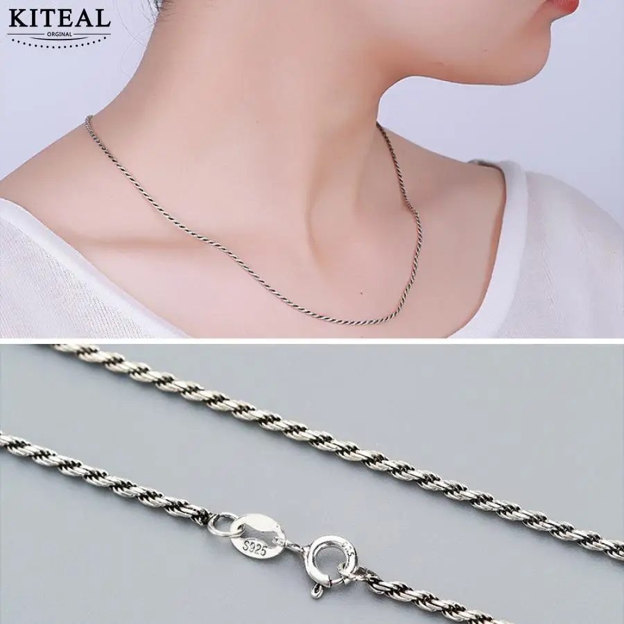 

KIteal new jewelry 100% 925 sterling Thai silver necklace form women men 1mm 1.5mm 45cm 50cm 58cm long twist rope chain