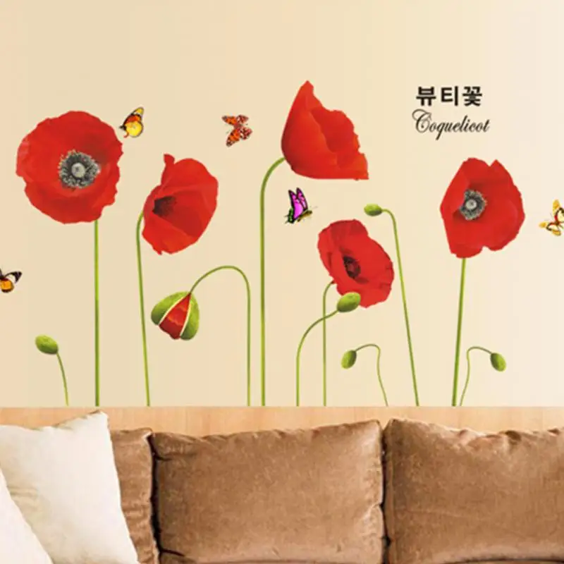 Водонепроницаемый ПВХ Красный мак Цветы бабочки домашние наклейки на стену художественная Наклейка Настенная бумага Фреска домашний Декор 50*70 см