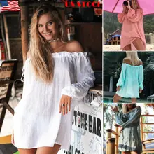 Женская белая пляжная одежда с открытыми плечами и длинным рукавом, бикини, накидка, пляжная одежда, купальный костюм, кафтан, женское летнее платье