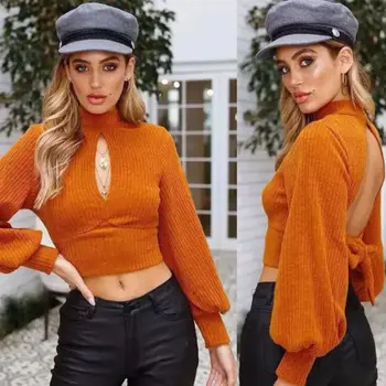 

Womens Sexy Long Sleeve Backless Bow Tops Ladies Knitted Sweater Crop Top