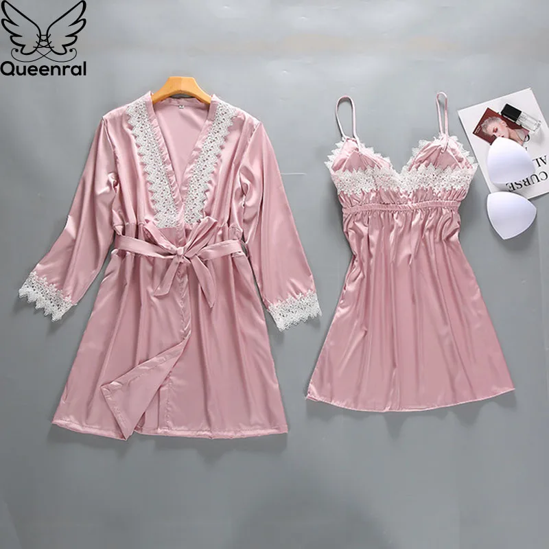 Queenral 2 шт Robe платье комплекты Для женщин пижамы пикантные кружевной Халат + мини