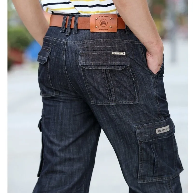 

Men Spring Autumn Thin Straight Multi-pocket Cargo Trousers Outdoor Riding Fishing Hiking Sports Thin Loose Denim Pants Overalls