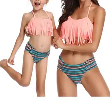 Одинаковые комплекты для семьи, купальный костюм для родителей и детей, с кисточками, Раздельный милый купальник-бикини, купальники для женщин и маленьких девочек