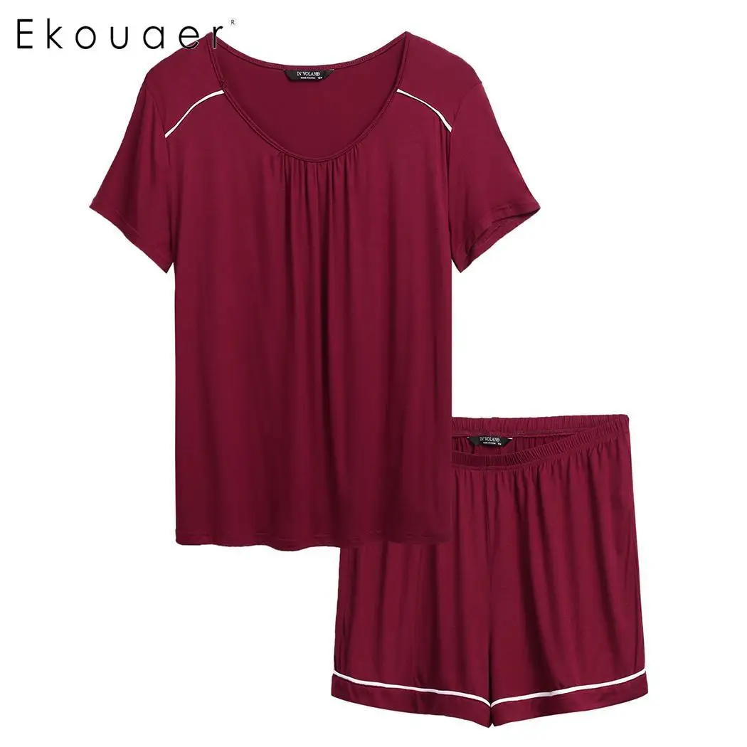 

Ekouaer Plus Size Pajamas Set Nightwear Women Short Sleeve Elastic Waist Shorts Sleepwear Pajama Set Two Piece Loungewear Suit