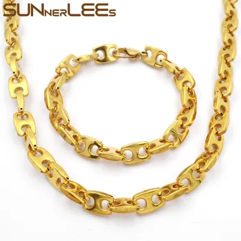

SUNNERLEES Jewelry Stainless Steel Necklace Bracelet Set 10mm Geometric Link Chain Silver Color Gold Plated Men Women SC97 S