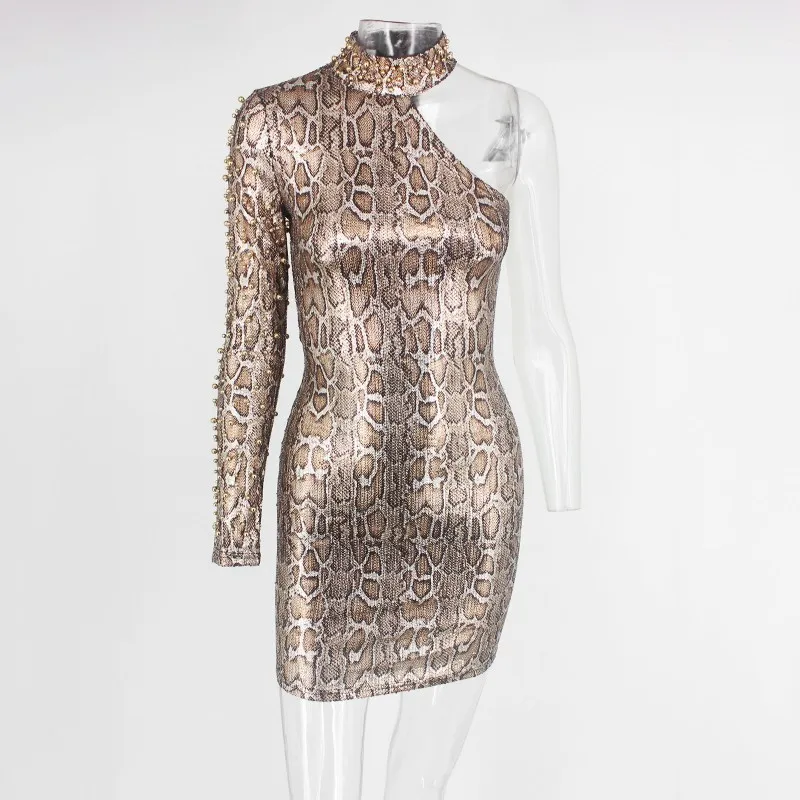 one shoulder snakeskin dress
