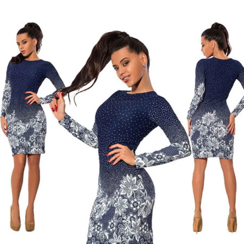 

Women New Dresses Full Sleeve Floral Print Dress Slim Bodycon Round Collar Midi-Length Party Lady Elegant Tight Pencil Tube Robe