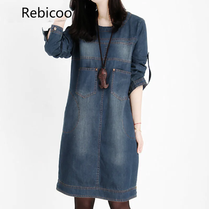 Plus Size Women Clothing 2019 Spring Jeans Shirt Dress Woman Summer Vintage Long Sleeve Denim Dresses For Women Vestidos