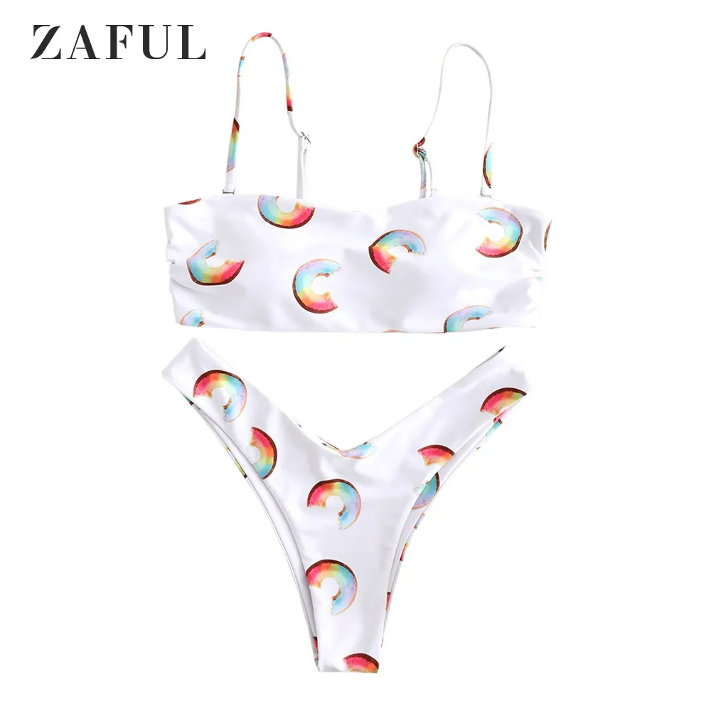 

ZAFUL Women Bikini Set Doughnut Print Bandeau Bikini Set Lady Sexy Bikini Swimwear Summer Beach Swimsuit Bathing Suit